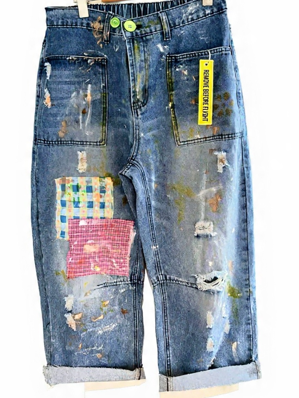 Blue Patchwork Wide Leg Jeans with Distressed Detail